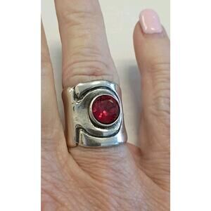Sterling Silver 925 IL Israel Wide Band Ring Size 7 Reddish Round Stone 6.8Gr